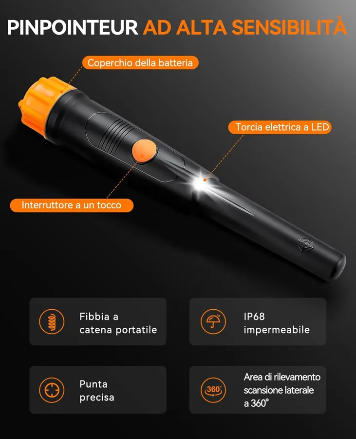Pinpointer SUNPOW con torcia LED e rilevamento laterale a 360 gradi